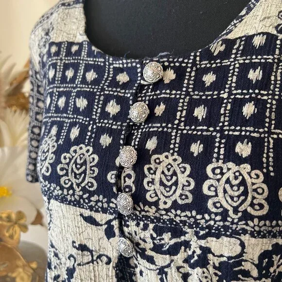 Vintage 90s Stuart Alan Boho Split Hem Geometric Floral Henley Button Dress P6 - Picture 4 of 13